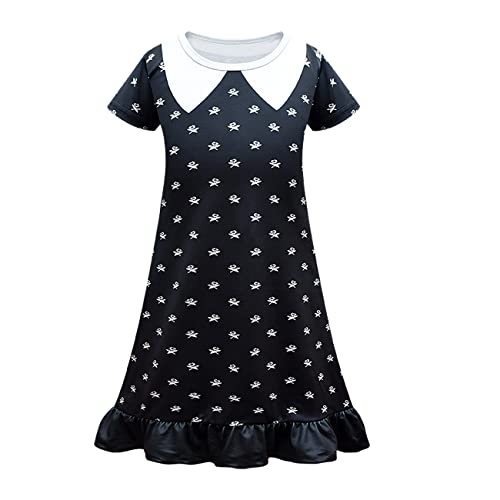 IWEMEK Kinder Mädchen Mittwoch Addams Kostüm Halloween Karneval Weltbuch Tag Verkleidung Festzug Partykleid Charakter Rollenspiel Cosplay Flare A-Linie Schwarze Kleider Schwarz 02 5-6 Jahre von IWEMEK