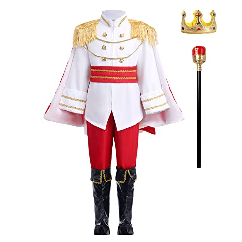 IWEMEK Kostüm Prinz Charmant Jungen Kostüm Märchen Kinder Royal Cinderella Kleidung Kleiner Prinz mit Krone König + Zepter Mantel Cosplay Halloween Karneval Geburtstag Outfit Weiß 3-4 Jahre von IWEMEK