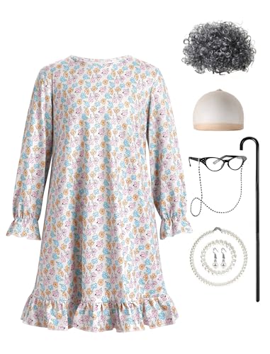 IWEMEK Lustige Kostüme Oma, Old Lady Kostüm Set, Großmutter Cosplay Zubehör Set, 100 Days of School Oma Play Dress Up Kostüm mit Oma Perücke Kappe Brille Brillen Perlenkette Blaue Blumen 10-11y von IWEMEK