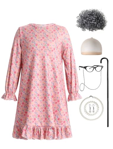 IWEMEK Lustige Kostüme Oma, Old Lady Kostüm Set, Großmutter Cosplay Zubehör Set, 100 Days of School Oma Play Dress Up Kostüm mit Oma Perücke Kappe Oma Brille Brillen Ketten Perlenkette Rosa 7-8y von IWEMEK