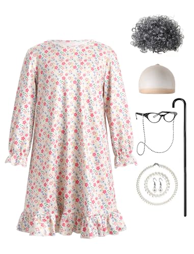 IWEMEK Lustige Kostüme Oma, Old Lady Kostüm Set, Großmutter Cosplay Zubehör Set, 100 Days of School Oma Play Dress Up Kostüm mit Oma Perücke Kappe Oma Brille Brillen Ketten Perlenkette Weiße A 8-9y von IWEMEK