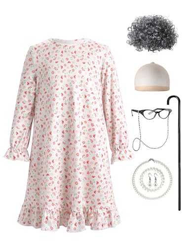 IWEMEK Lustige Kostüme Oma, Old Lady Kostüm Set, Großmutter Cosplay Zubehör Set, 100 Days of School Oma Play Dress Up Kostüm mit Oma Perücke Kappe Oma Brille Brillen Ketten Perlenkette Weiße B 5-6y von IWEMEK