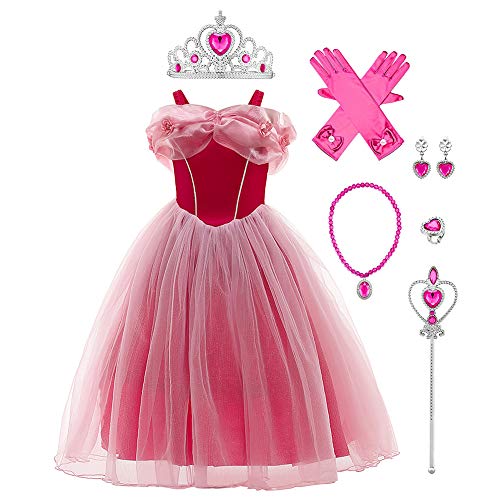 IWEMEK Mädchen Aschenputtel Kostüm Aurora Cinderella Prinzessin Kleid + Zubehör Märchen Cosplay Halloween Karneval Kostüme Weihnachten Festkleid Verkleidung Party Outfits #E: Aurora Set 3-4 Jahre von IWEMEK