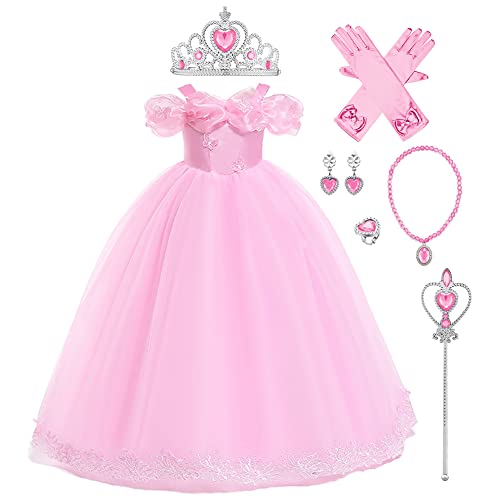 IWEMEK Mädchen Cinderella Kostüm Aschenputtel Prinzessin Kleid Lange Tüllkleid + Zubehör Märchen Halloween Karneval Kostüme Weihnachten Festkleid Verkleidung Outfits #O: Cinderella Set 6-7 Jahre von IWEMEK