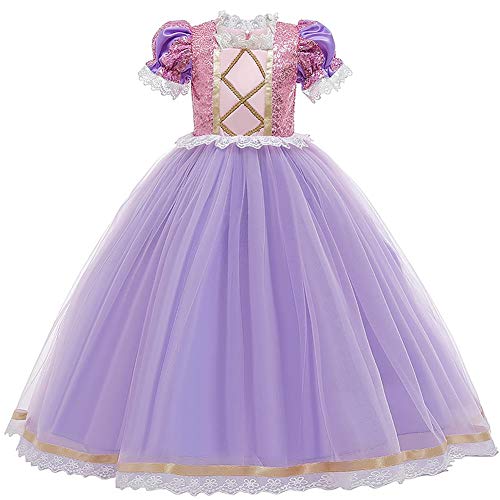 IWEMEK Mädchen Cosplay Kleid Rapunzel Prinzessin Kostüm Kinder Grimms Märchen Halloween Karneval Partykleid Geburtstag Faschingskostüm Festkleid Fancy Dress Up Violett 03 10-11 Jahre von IWEMEK