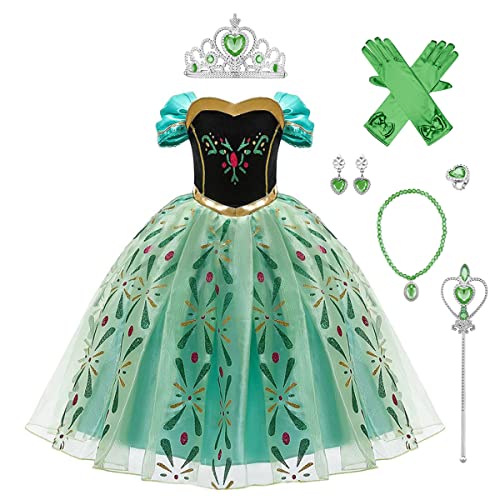 IWEMEK Mädchen Eiskönigin Kostüm Kinder Prinzessin Anna Kleid mit Zubehör Cosplay Karneval Verkleidung Halloween Partykleid Weihnachten Geburtstags Festkleid Kleidungsset Outfits Grün Set 2-3 Jahre von IWEMEK