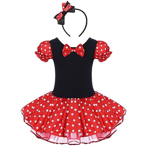 IWEMEK Mädchen Kinder Vintage Polka Dots Weihnachten Prinzessin Kleid Cosplay Fancy Ballett Tanzkostüm Gymnastikanzug Tutu Rock Festzug Party Geburtstag Outfits mit Maus Ohr Stirnband Rot 6-7 Jahre von IWEMEK