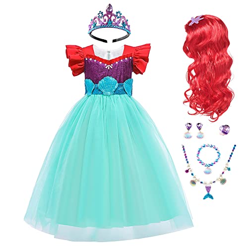 IWEMEK Mädchen Kleine Meerjungfrau Ariel Kostüm Prinzessin Kleid mit Zubehör Kinder Märchen Cosplay Weihnachten Halloween Karneval Verkleidung Kostüme Party Outfits Rot 7tlg 6-7 Jahre von IWEMEK