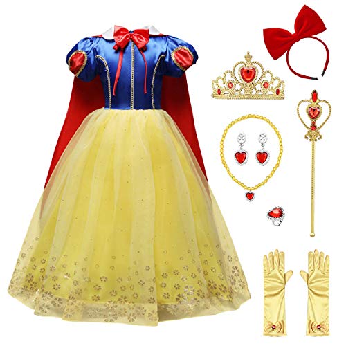 IWEMEK Mädchen Schneewittchen Kleid Magie Prinzessin Cosplay Kostüm Kinder Fancy Dress Up Grimms Märchen Kostüme Kleider mit Umhang Partykleid Faschingskostüm für Karneval Halloween Blau 9tlg 3-4 von IWEMEK