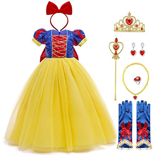 IWEMEK Mädchen Schneewittchen Kostüm Prinzessin Kleid Märchen Kostüm Kinder Halloween Karneval Fasching Verkleidung Festzug Fotoshooting Geburtstag Party Outfits Blau Pailletten Set 5-6 Jahre von IWEMEK