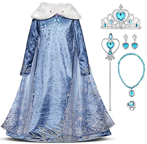 IWEMEK Mädchen Verkleidung Elsa Kostüm Langarm Schneeflocke Tüll Prinzessin Kleid mit Umhang + Zubehör Kinder Schneekönigin Cosplay Halloween Weihnachten Karneval Kostüme Party Outfits 01 Set 3-4 von IWEMEK