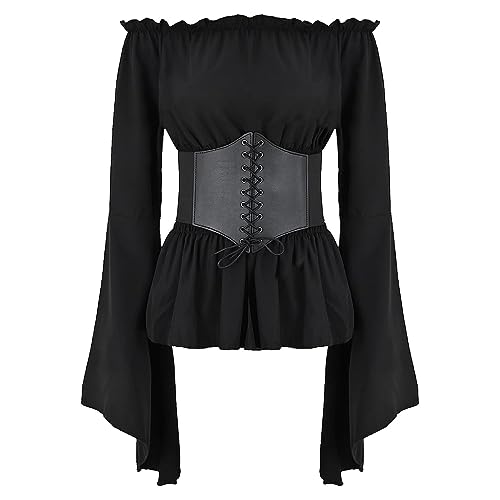 IWEMEK Mittelalter Piratenkostüm Damen Piratenhemd Gothic Steampunk Langarm Off Shoulder Corsett Top Viktorianisches Renaissance Bauern Rüschen gesmokte Taille Boho Pirat Hemd Schwarz L von IWEMEK