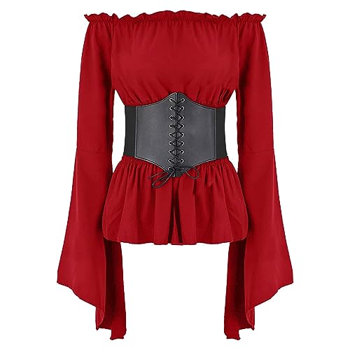 IWEMEK Mittelalter Piratenkostüm Damen Piratenhemd Gothic Steampunk Langarm Off Shoulder Corsett Top Viktorianisches Renaissance Bauern Rüschen gesmokte Taille Boho Pirat Hemd rot L von IWEMEK