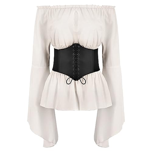 IWEMEK Mittelalter Piratenkostüm Damen Piratenhemd Gothic Steampunk Langarm Off Shoulder Corsett Top Viktorianisches Renaissance Bauern Rüschen gesmokte Taille Boho Pirat Hemd weiß L von IWEMEK