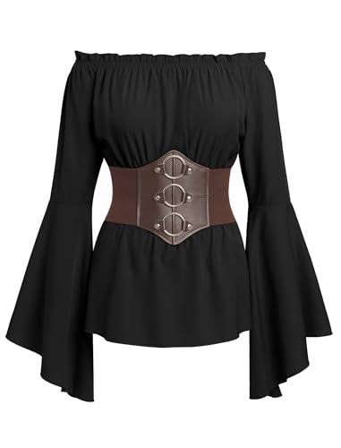 IWEMEK Piratenkostüm Damen Piratenhemd Renaissance Viktorianische Bauern Rüschen gesmokte Taille Boho Pirat Hemd mit Gürtel Mittelalter Off Shoulder Kurz Gothic Kleid schwarz L von IWEMEK