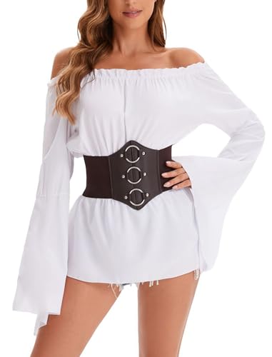 IWEMEK Piratenkostüm Damen Piratenhemd Renaissance Viktorianische Bauern Rüschen gesmokte Taille Boho Pirat Hemd mit Gürtel Mittelalter Off Shoulder Kurz Gothic Kleid weiß L von IWEMEK