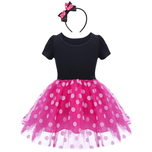 IWEMEK Säuglings Kleinkind Baby Mädchen Prinzessin Tüll Kleid Polka Dot Ballettkeider Trikot Tanzkleider Weihnachten Karneval Cosplay Kleid mit Maus Ohren Bowknot Partykleid Outfits Rosa 12-18 Monate von IWEMEK