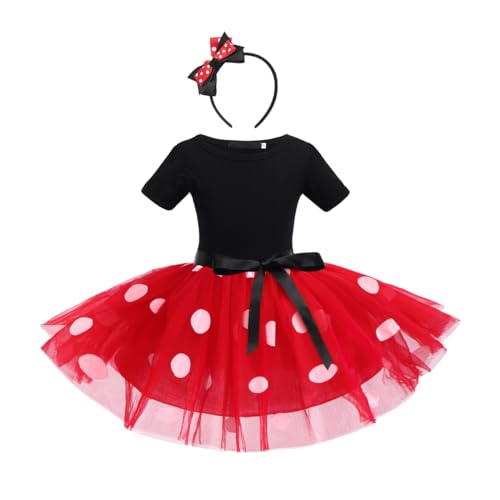 IWEMEK Säuglings Kleinkind Baby Mädchen Prinzessin Tüll Kleid Polka Dot Ballettkeider Trikot Tanzkleider Weihnachten Karneval Cosplay Kleid mit Maus Ohren Bowknot Partykleid Outfits Rot 2-3 Jahre von IWEMEK