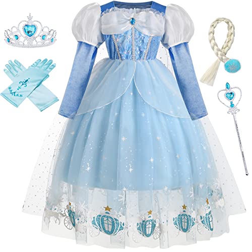 IWFREE ELSA Kostüm Mädchen Prinzessin Schneekönigin Kleid mit Zubehör Cosplay Aschenputtel Cinderella Ballkleid für Kinder Verkleidung Weihnachten Karneval Halloween Geburtstagsfeier Festkleid 08 von IWFREE