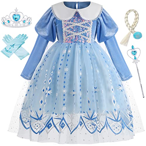 IWFREE ELSA Kostüm mit Umhang Mädchen Schneekönigin Kleid Verkleidung Prinzessin Pailletten Ballkleid und Zubehör für Kinde Cosplay Weihnachten Karneval Halloween Geburtstagsfeier Festkleid Blau 09 von IWFREE