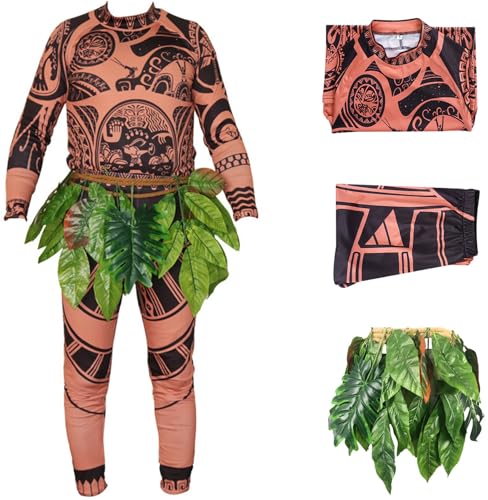 IWFREE Herren Maui Kostüm Druck Langarm Oberteil Hose und Blattgürtel Vaiana Halbgott Maui Set für Halloween Weihnachten Karneval Party Geburtstag Maskerade Performance Verkleidung, S-XXL von IWFREE