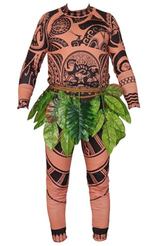 IWFREE Herren Maui Kostüm Druck Langarm Oberteil Hose und Blattgürtel Vaiana Halbgott Maui Set für Halloween Weihnachten Karneval Party Geburtstag Maskerade Performance Verkleidung, S-XXL von IWFREE