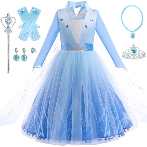 IWFREE Mädchen ELSA Eiskönigin 2 Kostüm, Langarm ELSA Kleider mit Bodenlang Umhang Weihnachten Karneval Halloween Party Fest ELSA Kostüm Verkleidung, Blau, 2-8 Jahre von IWFREE