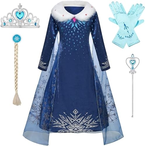 IWFREE Mädchen ELSA Kostüm mit Umhang Kinder Eiskönigin Kleid Plüschkragen Prinzessin Kleid Karnevalskostüm Party Cosplay Fasching Halloween Weihnachtsfeier von IWFREE