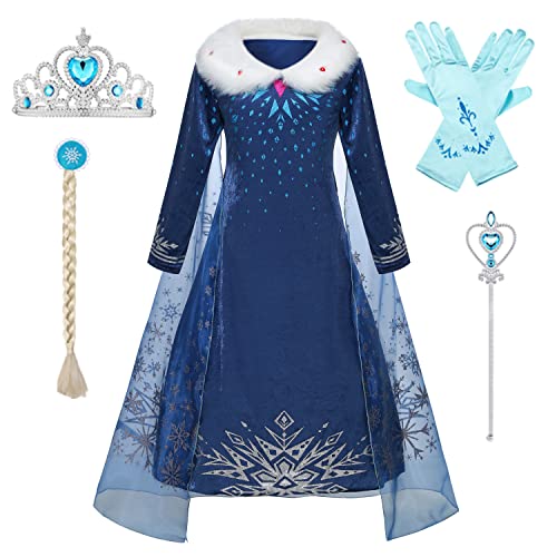 IWFREE Mädchen ELSA Kostüm mit Umhang Kinder Eiskönigin Kleid Plüschkragen Prinzessin Kleid Karnevalskostüm Party Cosplay Fasching Halloween Weihnachtsfeier von IWFREE