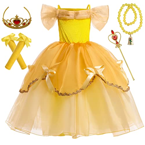 IWFREE Mädchen Prinzessin Belle Kostüm Cosplay die Schöne und das Biest Tüll Maxi Abendkleid mit Krone und Rosenhalskette Outfits für Kinder Halloween Karneval Geburtstag Party Verkleidung Costume von IWFREE