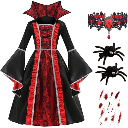 IWFREE Mädchen Vampir Kostüme, Ausgestellte Ärmel Stehkragen Spitze Vampirkönigin Abendkleid und Halskette Haarclip Aufkleber Set für Karneval Party Maskerade Ballkleid Verkleidung, Kinder 5-14 Jahre IWFREE Mädchen Vampir Kostüme, Ausgestellte Ärmel Stehkragen Spitze Vampirkönigin Abendkleid und Halskette Haarclip Aufkleber Set für Karneval Party Maskerade Ballkleid Verkleidung, Kinder 5-14 Jahre von IWFREE