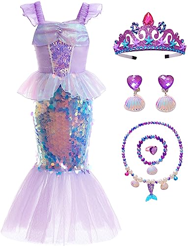 IWFREE Meerjungfrau Kostüm mit Krone Mädchen Verkleidung Ariel Prinzessin Festkleid und Zubehör Ohrringe Halskette Armband Ring Anzug für Halloween Karneval Geburtstag Party Cosplay Ballkleid Outfit von IWFREE