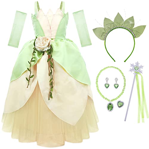 IWFREE Prinzessin Tiana Kleid Mädchen Cosplay Märchenhafte Froschprinzessin Blumen Maxi Abendkleider und Zubehör Outfit für Kinder Verkleidung Halloween Party Anzug Karneval Geschenke Grün 2-11 Jahre von IWFREE