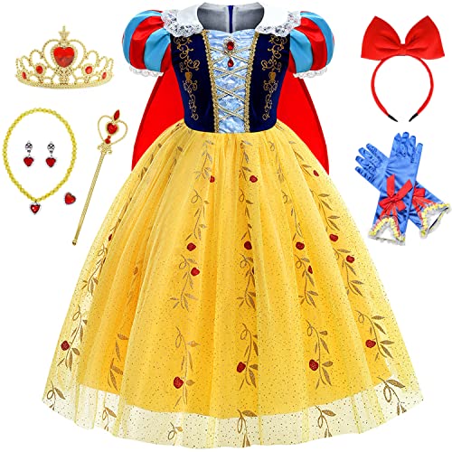 IWFREE Schneewittchen Kostüm mit Umhang Mädchen Verkleidung Snow White Prinzessin Kleid und Zubehör Cosplay Weihnachten Fasching Halloween Geburtstag Glitzer Tüll Festkleid Rot Größe 3-9 Jahre von IWFREE