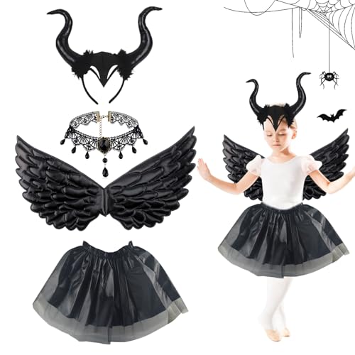 IWTBNOA Königin Hörner Kostüm Kind, 4 STK Teufel Kostüm Mädchen mit Teufelshörner Haarreif, Maleficent Tutu, Kette, Teufelsflügel, Halloween Kostüm Kinder für Halloween Karneval Cosplay Party von IWTBNOA