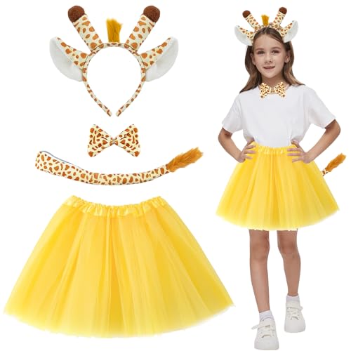 IWTBNOA 4 Teiliges Giraffen Kostüm für Kinder, Giraffen Stirnband, Giraffen Schwanz Krawatte Tutu, Giraffenanzug, Tierkostüm Cosplay, Dschungel Tierkostüm Set für Karneval, Party, Halloween von IWTBNOA