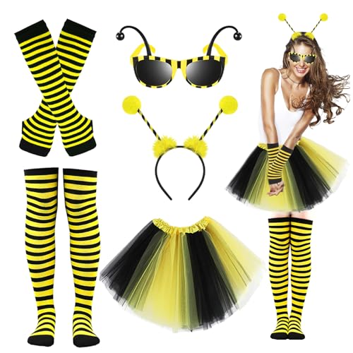 IWTBNOA 5 Stück Bienenkostüm Erwachsene Damen Mädchen, Kostüm Set Bienen mit Bienen Haarreif, Handschuhe, Brille, Beinärmel, Streifen Rock, FaschingKostüm Cosplay Karneval Rollenspiele Kostüm von IWTBNOA