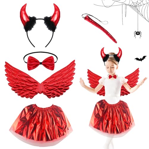 IWTBNOA Teufel Kostüm Mädchen, 5 STK Halloween Kostüm Teufel Rot mit Teufel Horn Haarreif, Schwanz, Rock, Fliege, Engelsflügel, Halloween Kostüm Kinder für Kostümparty Karneval Cosplay Party von IWTBNOA