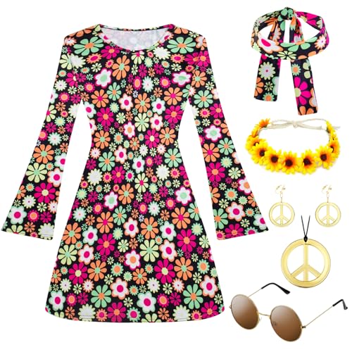 IWTBNOA 60er 70er Hippie Kostüm Damen Set mit Hippie Accessoires, Retro Damen Hippie, 70er Jahre Bekleidung Damen, Kleidung Disco Outfit, Schlager Outfit Damen für Mottoparty Cosplay Karneval (L) von IWTBNOA