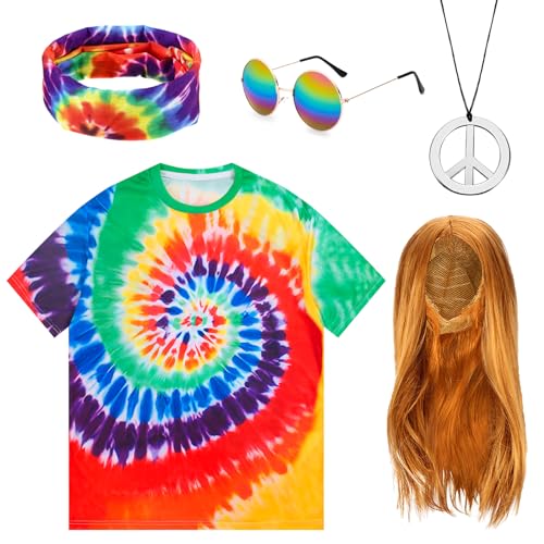 IWTBNOA 70er Hippie-Kostüm für Herren und Damen, 5tgl Hippie Accessories T-Shirt, Perücke, Sonnenbrille, Peace Halskette und Stirnband, 60er 70er Jahre Outfit Hippie Kleidung für Fasching Motto Party von IWTBNOA