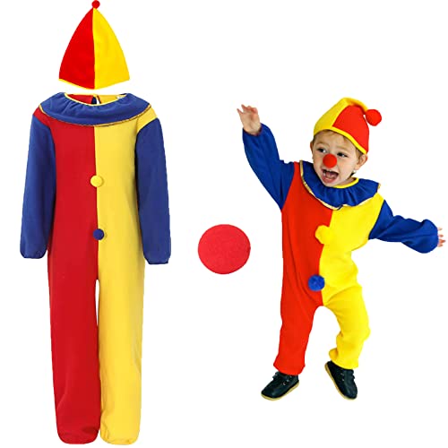 IWTBNOA Clown Kostüm Kinder, 3 Pcs Clown Kostüm Kinder Set mit Overall, Hut und Nase, Clown Kostümzubehör für Halloween Zirkus, Faschingkostüme Kinder Jungen Cosplay Mädchen Karnevalskostüm von IWTBNOA