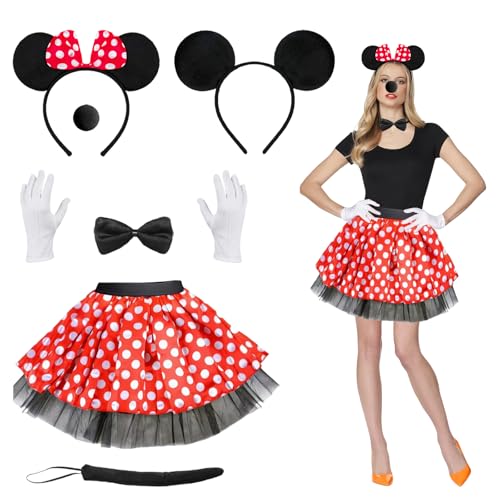 IWTBNOA Mini Maus Kostüm Damen mit Rote Gepunktet Tutu, Mouse Kostüm Damen Zubehör mit Mouse Tutu, Haarreifen mit Maus Ohren, Handschuhe, Nase, Fliege Schleife Für Karneval Kostümparty Cosplay von IWTBNOA