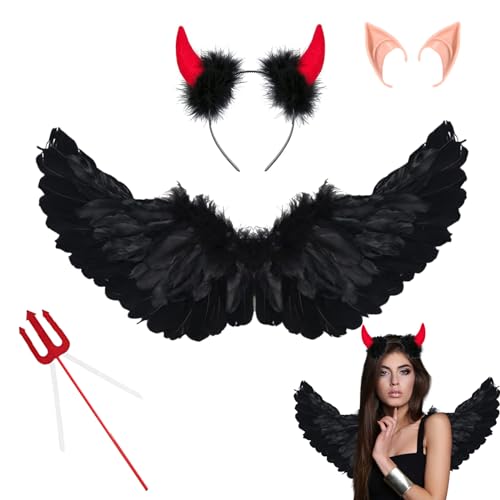 IWTBNOA Engels Flügel Kostüm, 60cm Engelsflügel Schwarz, Federflügel Engel mit Teufelshörner, Heugabel Teufel und Elfenohren, Kostümparty Verkleidung, Cosplay Kostüme Party für Halloween Karneval von IWTBNOA