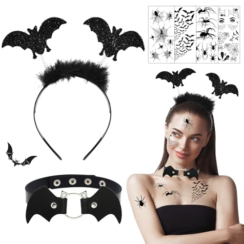 IWTBNOA Halloween Fledermaus Haarreifen Damen, Halloween Haarreif mit Halsketten, Halloween Fledermaus Haarband, Halloween Kostüm Accessoire für Frauen Halloween Fasching Karneval Cosplay Party von IWTBNOA