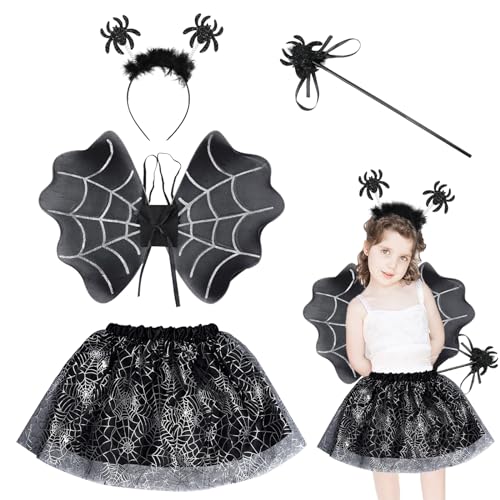 IWTBNOA Spinne Kostüm Set, 4 Pcs Halloween Kostüm Kinder, Halloween Kostüm Kinder Mädchen, Tutu, Flügel, Zauberstab, Tiara, Spinne Karneval Kostüm für Themenparty Cosplay Mottoparty Accessoires von IWTBNOA