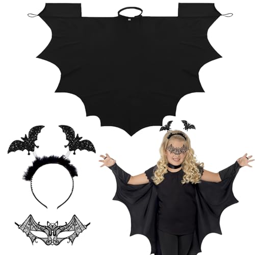 IWTBNOA Fledermaus Kostüm Kinder Halloween, Halloween Fledermaus Umhang, Fledermaus Maske, Fledermaus Haarreif, Fledermauskostüm, Fledermausflügel Vampir für Halloween Cosplay Karneval Fasching Party von IWTBNOA