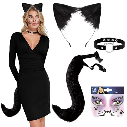 IWTBNOA Katzen kostüm Damen Erwachsene, Fuchs Wolf Katzen Cosplay Set, Katzenohren Haarreif, Große Katzenschwanz, Katze Gesicht Aufkleber, katzenhalsband, Tier Kostüm Set für Cosplay Karneval von IWTBNOA