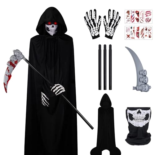 IWTBNOA Sensenmann Kostüm, Halloween Kostüm Set mit Schädelmaske, Sense, Skelett Handschuhe, Halloween Umhang Erwachsene, Sensenmann Umhang mit Kapuze, Vampir Umhang, Halloween Dekoration Cosplay von IWTBNOA