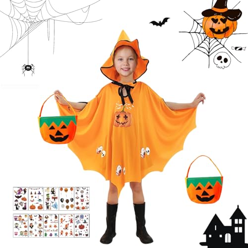 IWTBNOA Halloween kostüm Kinder, Fledermaus Umhang Kostüm mit Hut, Candy Bag und 10 Tattoo-Aufkleber, Kürbis Kostüm Mädchen für Halloween, Cosplay, Fasching, Karneval, Themenparty(Höhe 90-150cm) von IWTBNOA