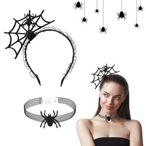 IWTBNOA Halloween Spinnen Netz Haarreifen, Halloween Haarreifen, Spinne Haarreif mit Halsketten, Halloween Spinne Haarband, Halloween Kostüm Accessoire für Frauen Halloween Fasching Party Cosplay von IWTBNOA